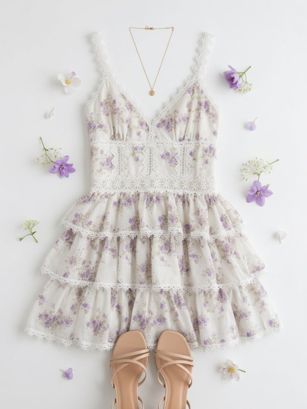 Floral Print Lace-trim Detail Ruffle Tiered Mini Dress Medium